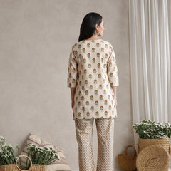 Floral Printed Cotton V-Neck Tunic With Trouser Co-Ords