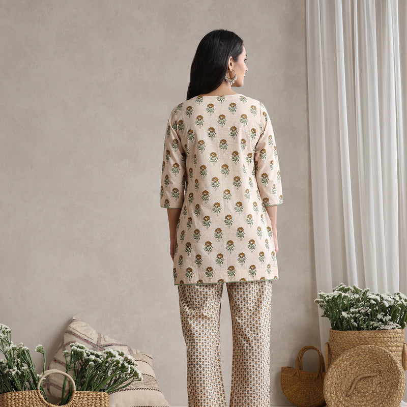 Floral Printed Cotton V-Neck Tunic with Trouser Co-Ords - Cream - Khushal K - Image 6