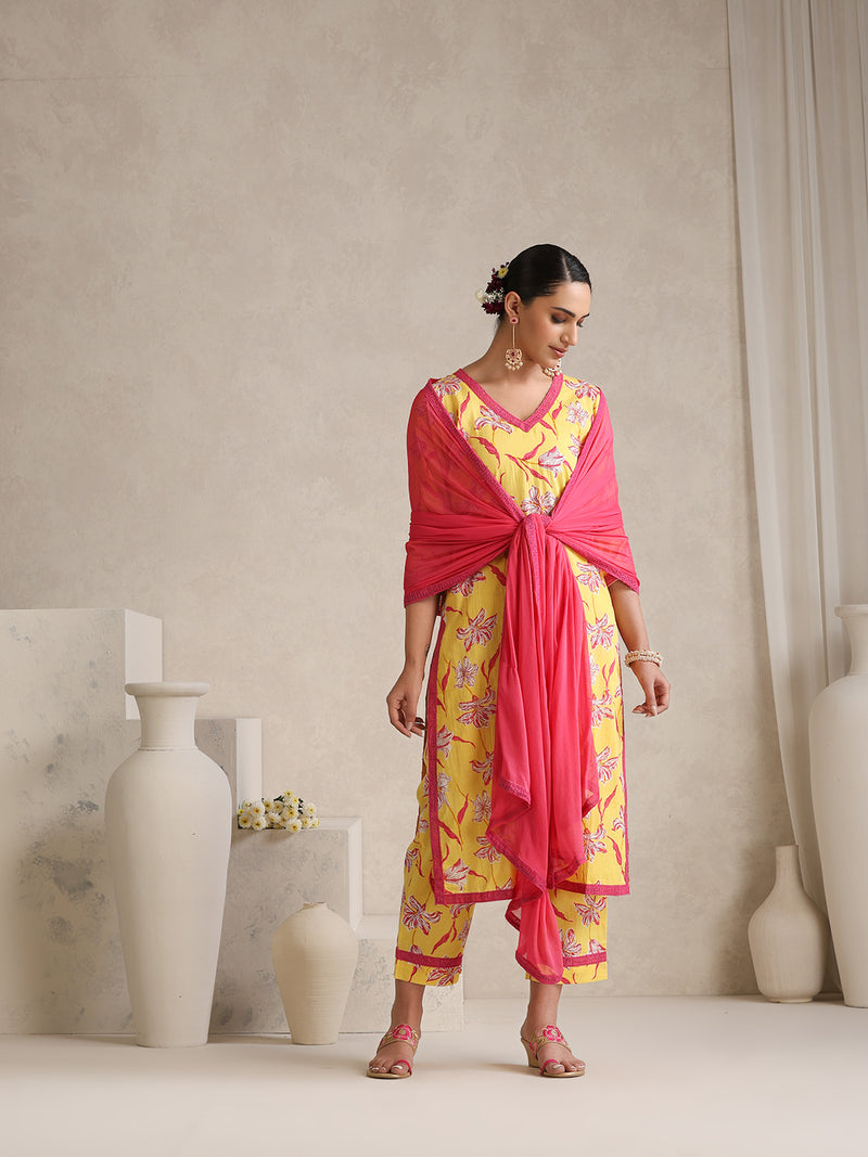 Floral Printed V-Neck Pure Cotton Straight Kurta With Palazzos And Dupatta