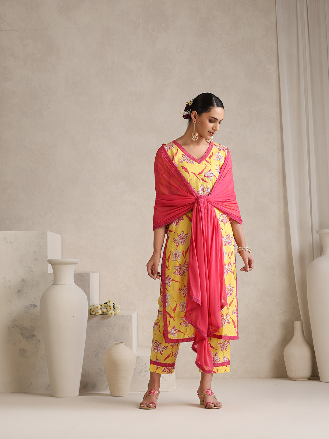 Floral Printed V-Neck Pure Cotton Straight Kurta With Palazzos And Dupatta