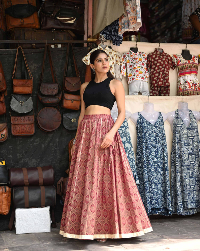 Khushal K Women's Maroon Printed Cotton Flared Maxi Skirt