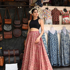 Khushal K Women's Maroon Printed Cotton Flared Maxi Skirt