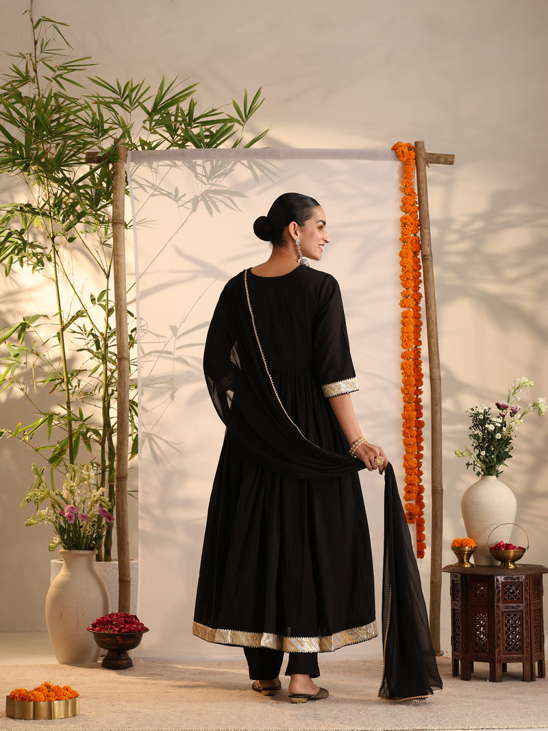 Khushal K Women Cotton Kurta and Palazzo With Dupatta Set - Black