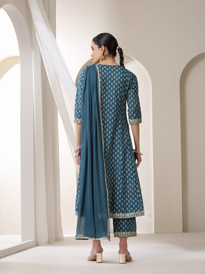Women Floral Printed Cotton Kurta with Palazzo & Dupatta