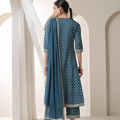 Women Floral Printed Cotton Kurta with Palazzo & Dupatta