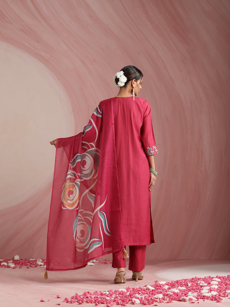 Khushal K Women Pure Silk pink Embroidered Kurta & Palazzo With Dupatta