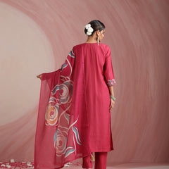 Khushal K Women Pure Silk pink Embroidered Kurta & Palazzo With Dupatta