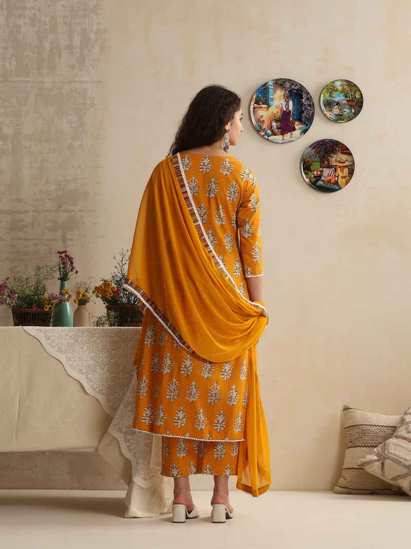 Khushal K Women Floral Printed Regular Pure Cotton Mustard Kurta & Palazzo With Dupatta