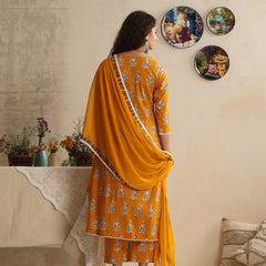 Khushal K Women Floral Printed Regular Pure Cotton Mustard Kurta & Palazzo With Dupatta