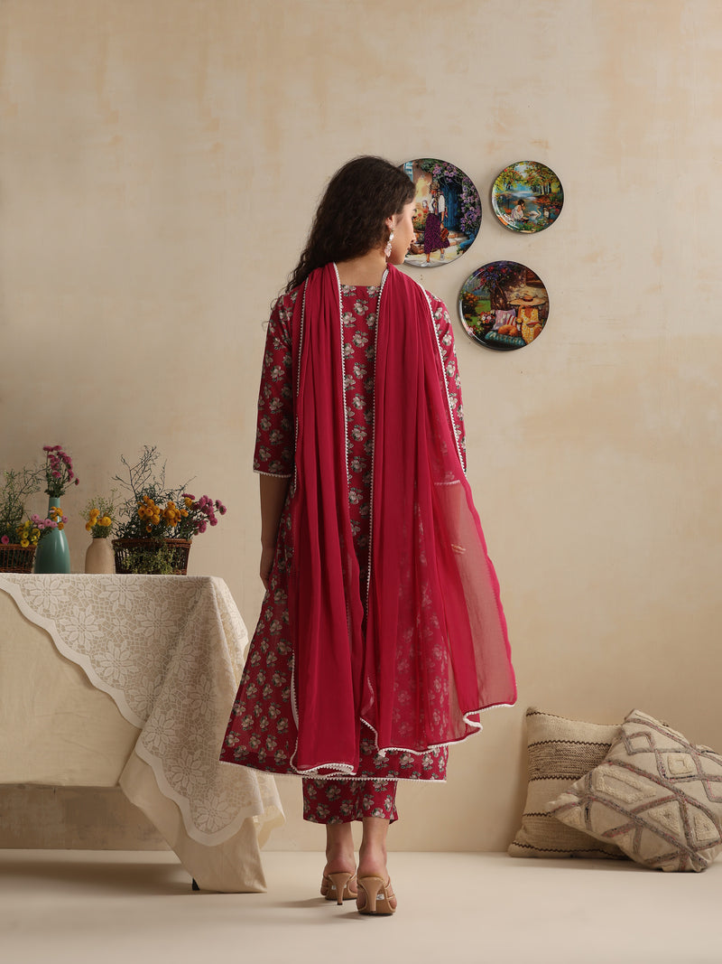 Khushal K Women Pink Floral Printed Regular Pure Cotton Kurta & Palazzo With Dupatta
