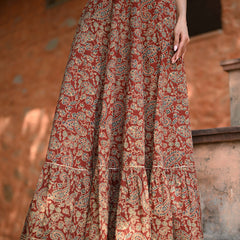 Khushal K Women's Rust Printed Cotton Flared Maxi Skirt