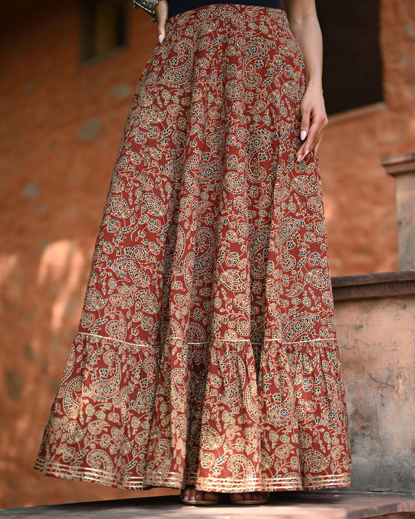 Khushal K Women's Rust Printed Cotton Flared Maxi Skirt