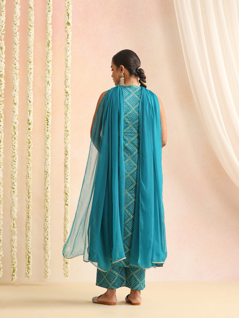 Turquoise & White Bandhani-Style Kurta Set