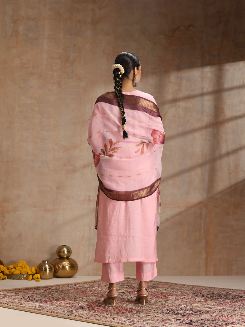 Khushal K Women Pure Silk pink Embroidered Kurta & Palazzo With Dupatta