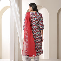 Floral Printed Notch-Neck Pure Cotton Kurta With Trousers And Dupatta