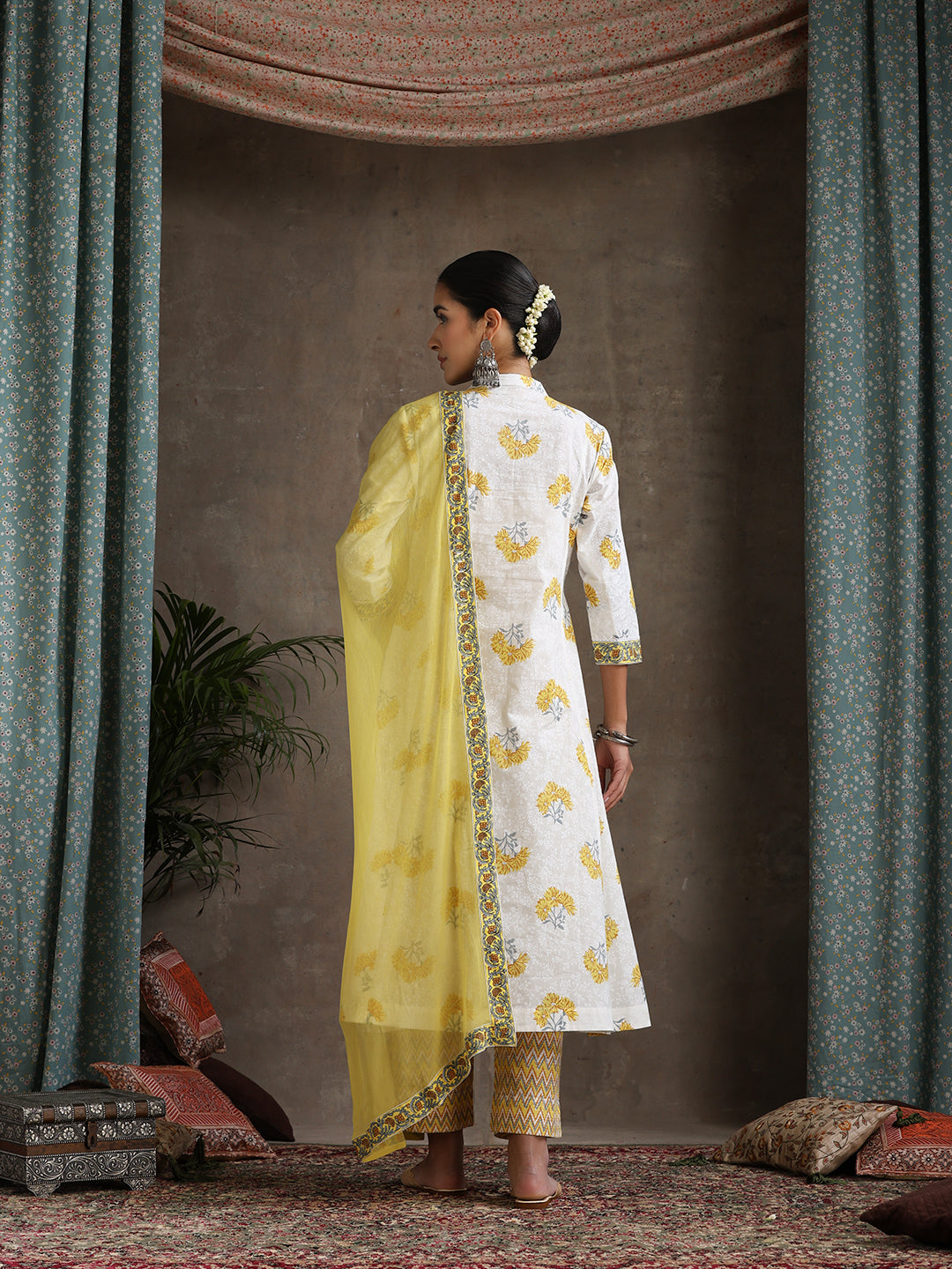 Floral Printed Pure Cotton Straight Kurta With Palazzos And Dupatta