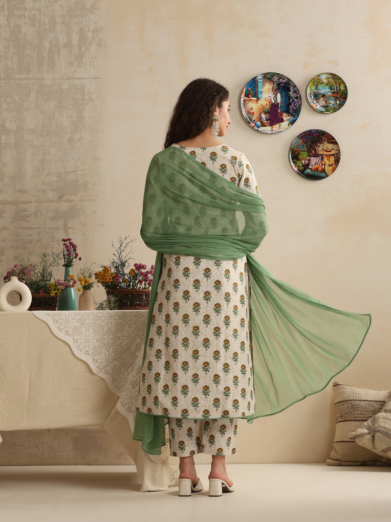 Khushal K Women Floral Printed Regular Pure Cotton Cream Kurta & Palazzo With Dupatta