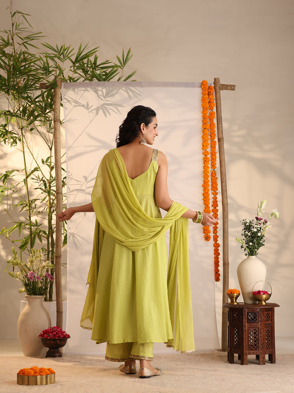 Khushal K Women Cotton Kurta and Palazzo With Dupatta Set - Green