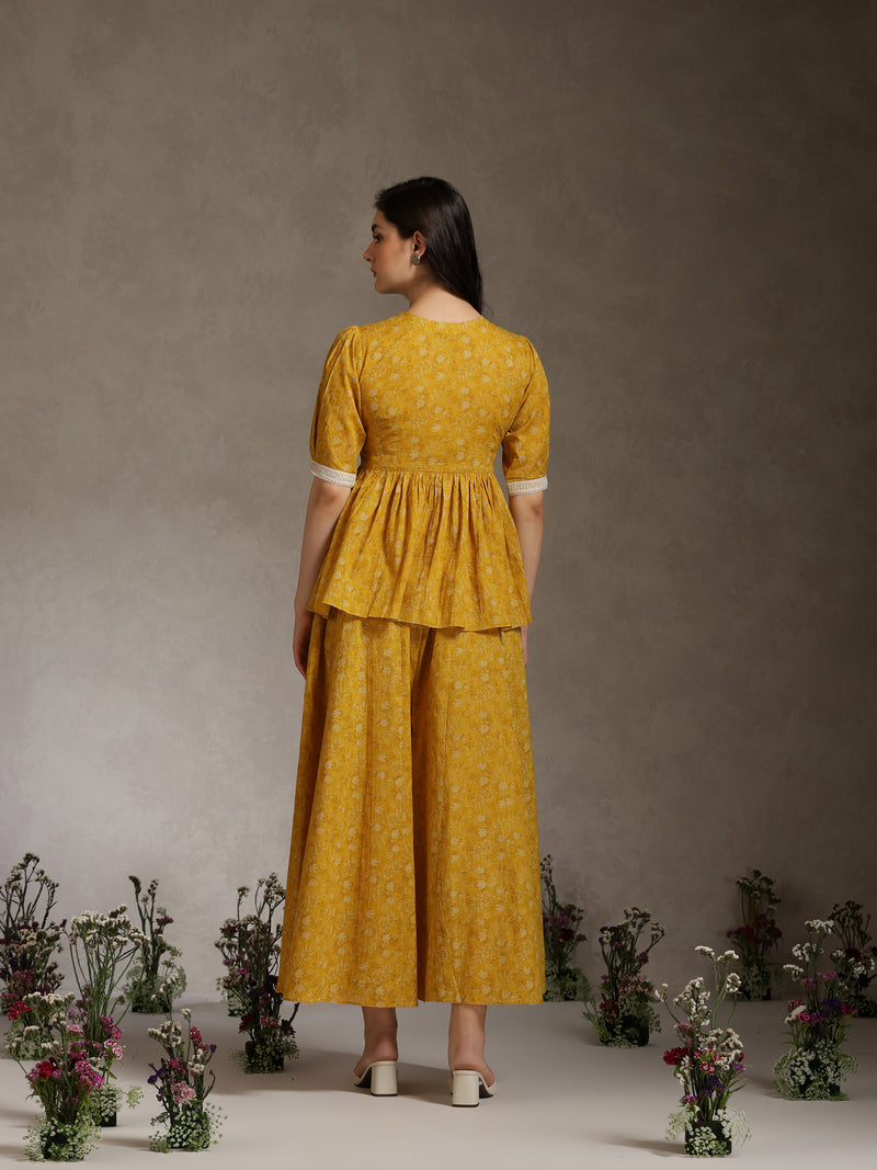 Yellow Printed Co-Ord Set with Lace Detil