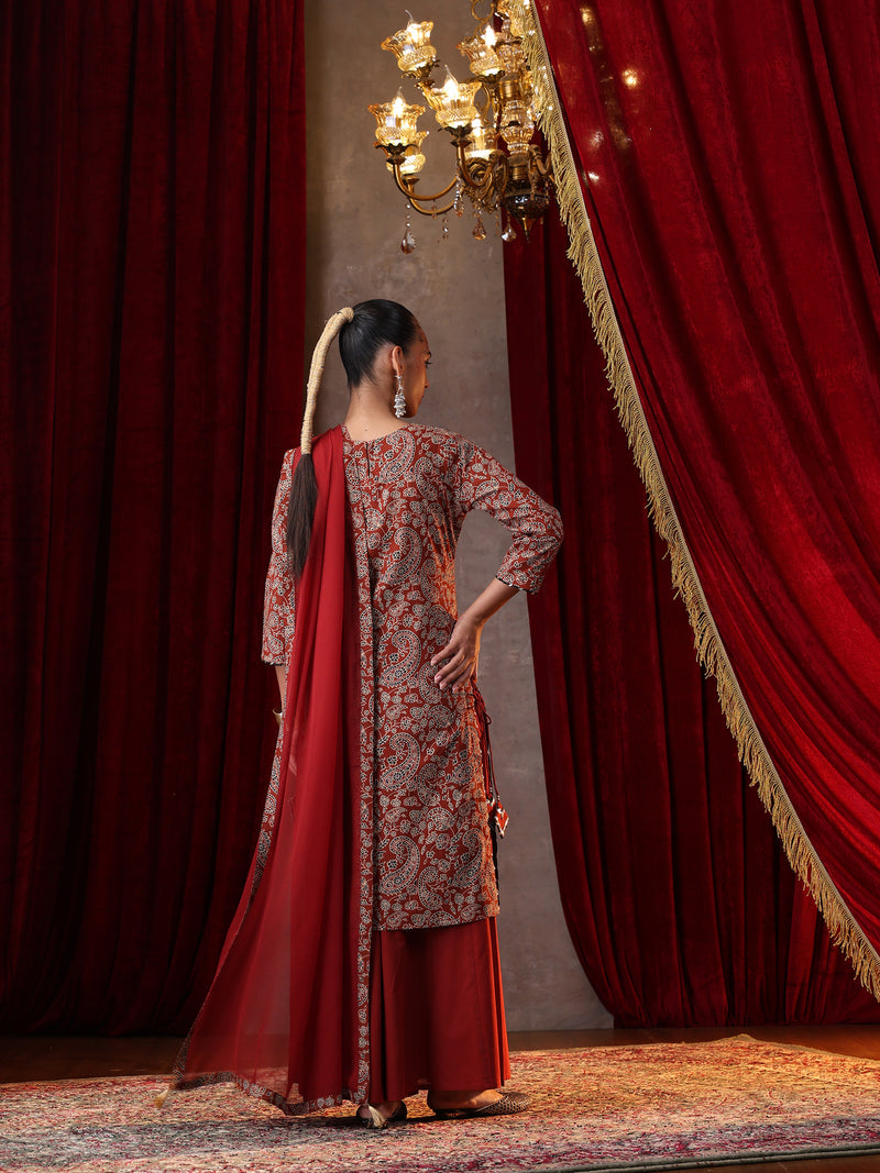 Khushal K Women Cotton kurta and palazzo with dupatta set - Rust