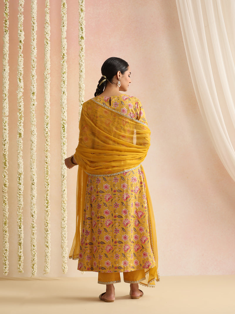 Women Floral Printed Cotton A-Line Kurta with Trousers & Dupatta