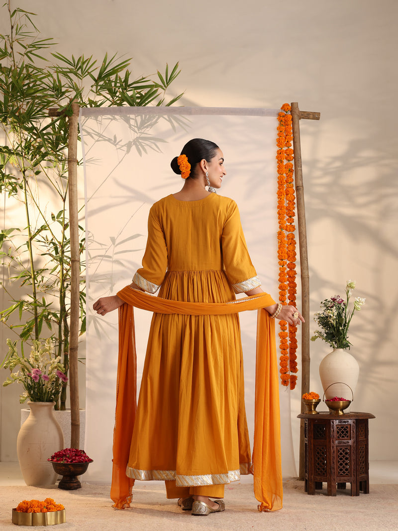 Khushal K Women Cotton Kurta and Palazzo With Dupatta Set - Mustard
