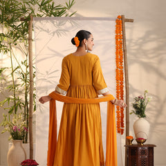 Khushal K Women Cotton Kurta and Palazzo With Dupatta Set - Mustard