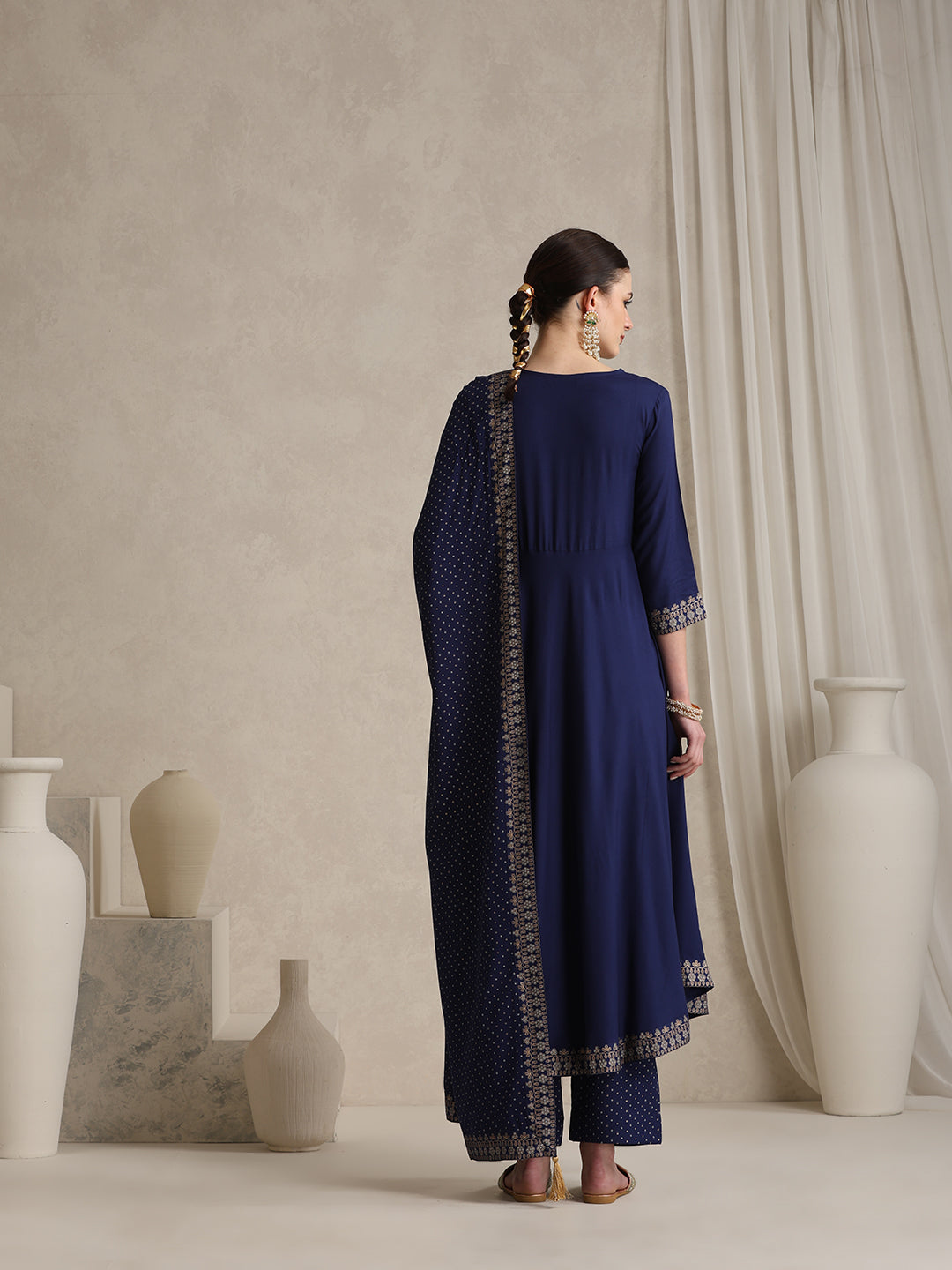 Floral Embroidered Sequinned Round Neck Anarkali Kurta With Palazzos & Dupatta