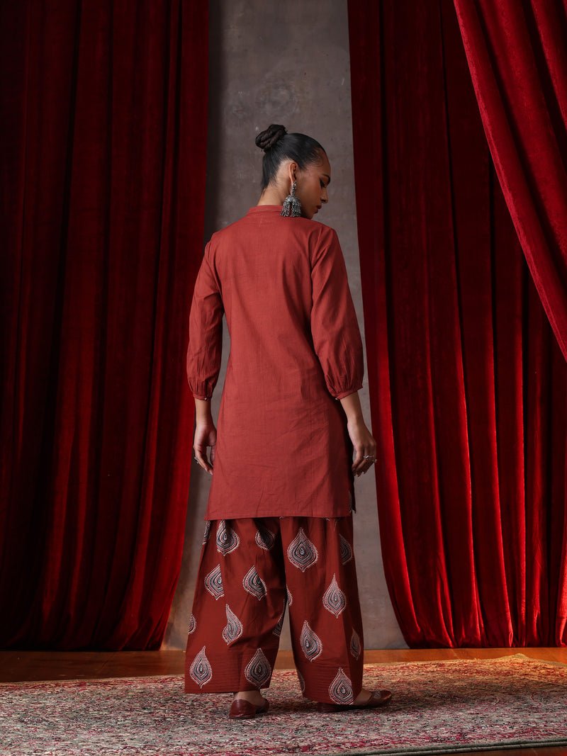 Khushal K Women Cotton kurta and Farsi salwar set - Rust