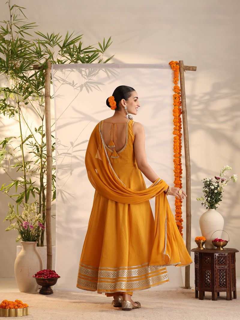 Khushal K Women Cotton Kurta and Palazzo With Dupatta Set - Mustard