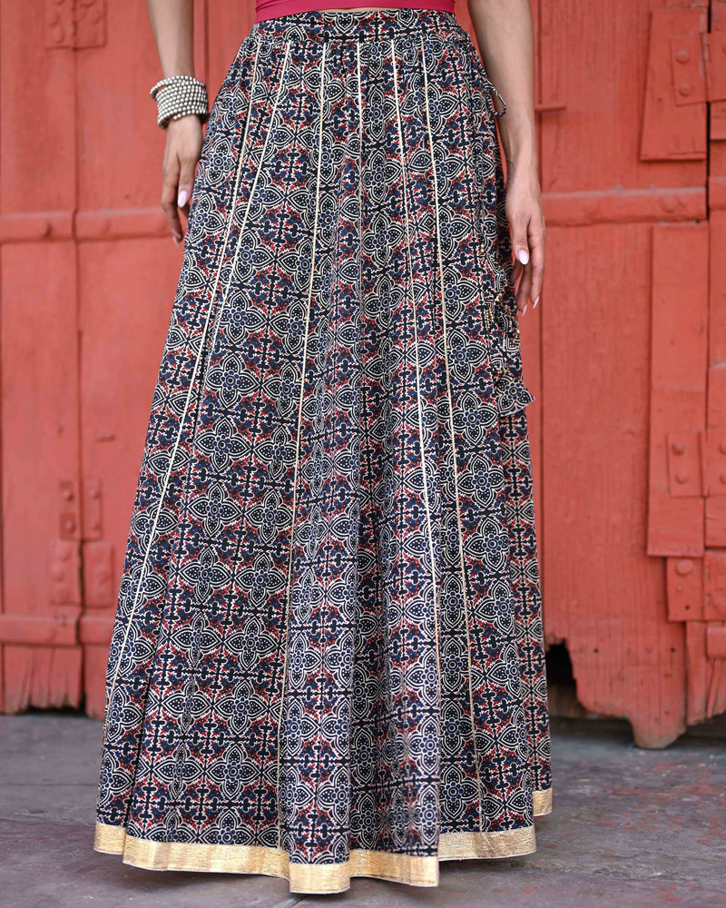 Khushal K Women's Black Printed Cotton Flared Maxi Skirt