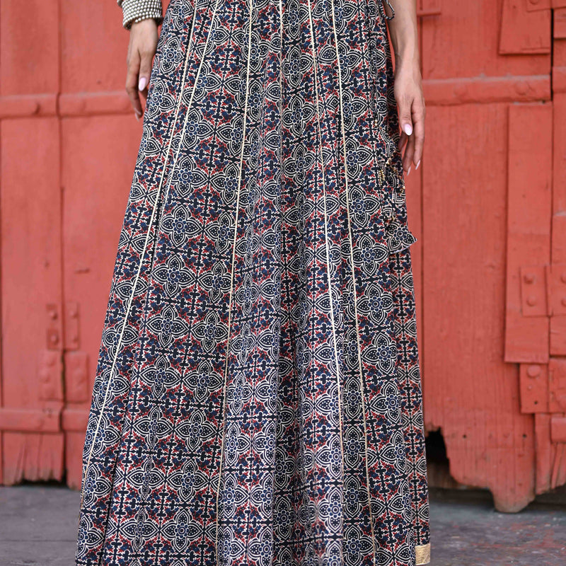Khushal K Women's Black Printed Cotton Flared Maxi Skirt