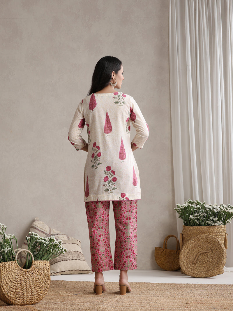 Floral Printed Cotton V-Neck Tunic With Trouser Co-Ords