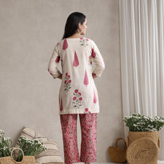 Floral Printed Cotton V-Neck Tunic With Trouser Co-Ords