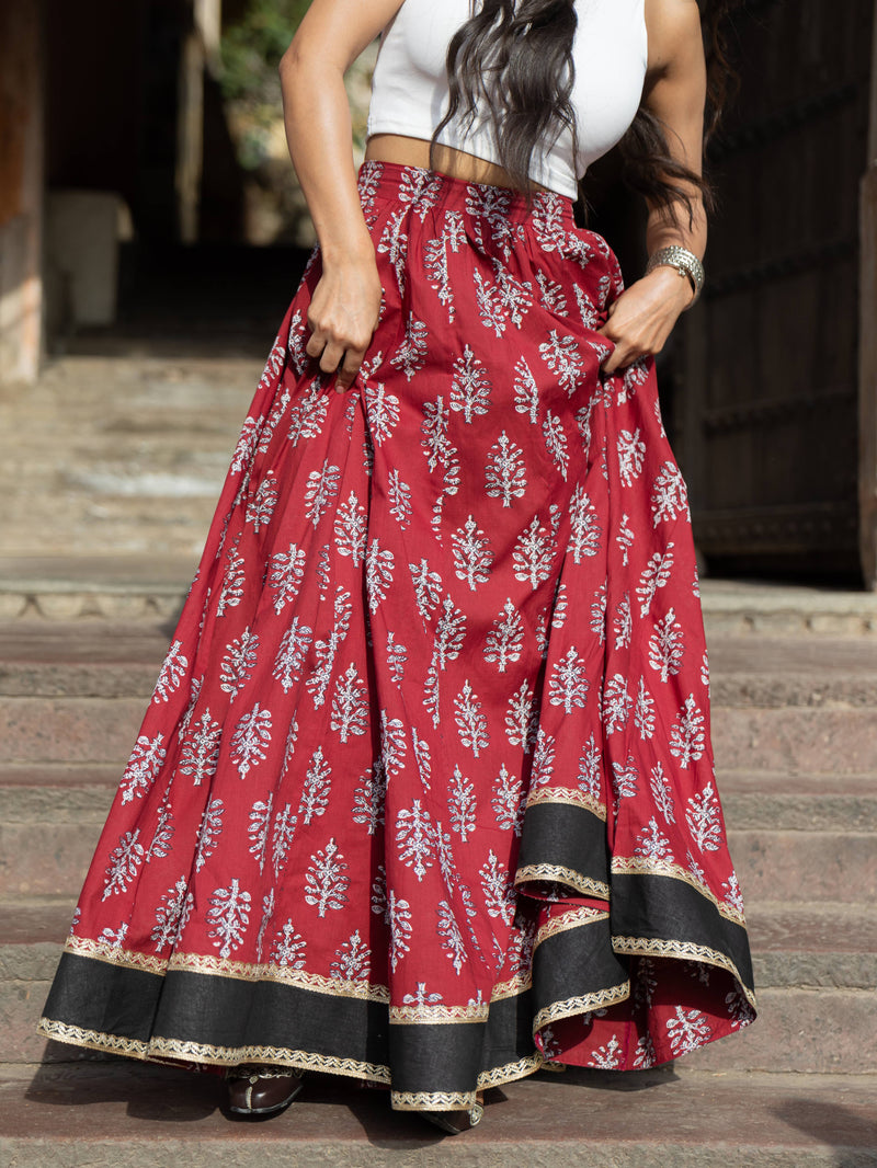 Khushal K Women's Maroon Printed Cotton Flared Maxi Skirt