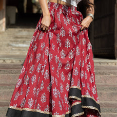 Khushal K Women's Maroon Printed Cotton Flared Maxi Skirt