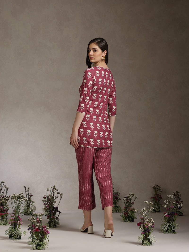 Floral Printed V-Neck Cotton Cord Set