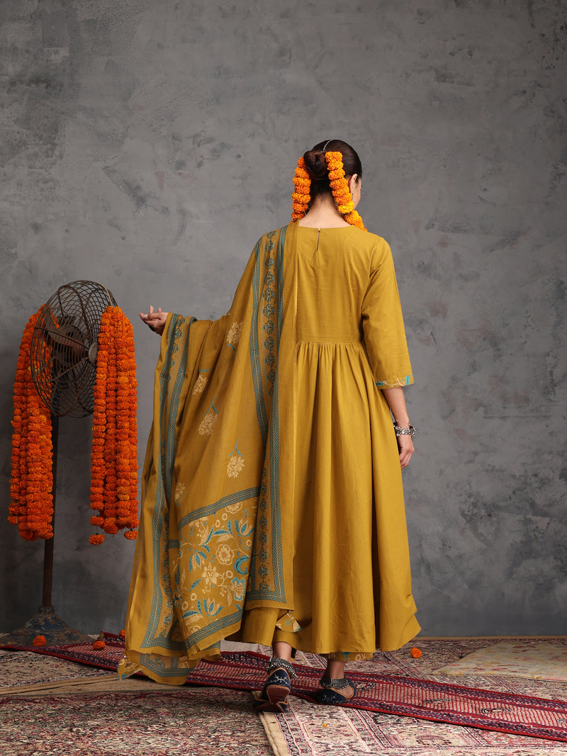 Khushal K Women Cotton Kurta Palazzo Dupatta Set - Mustard