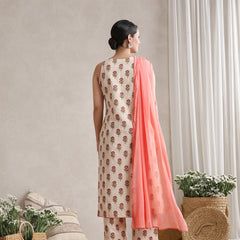 Women Cream & Peach Floral Printed Kurta Palazzo Set