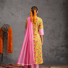 Khushal K Women Cotton Kurta Palazzo Dupatta Set - Yellow