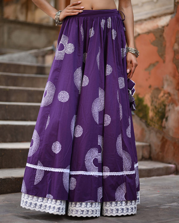 Khushal K Women's Purple Printed Cotton Flared Maxi Skirt