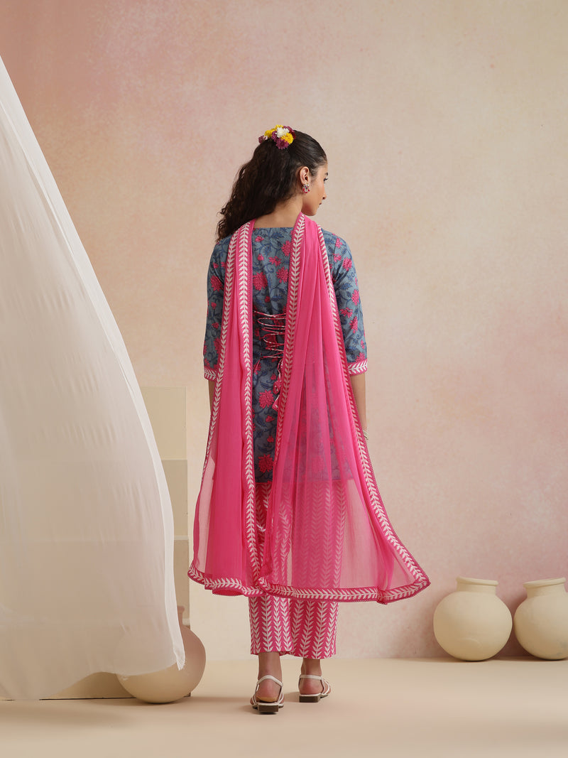 Khushal K Women Cotton Kurta Palazzo Dupatta Set - Blue