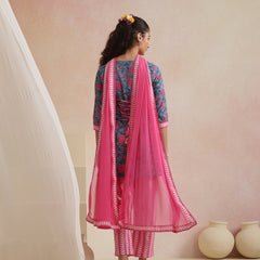 Khushal K Women Cotton Kurta Palazzo Dupatta Set - Blue