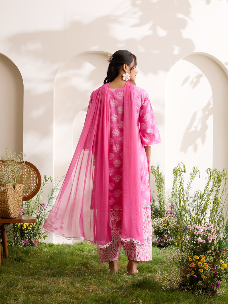 Khushal K Women Cotton Kurti And Farshi Salwar  With Dupatta Set - Pink
