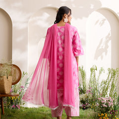 Khushal K Women Cotton Kurti And Farshi Salwar  With Dupatta Set - Pink