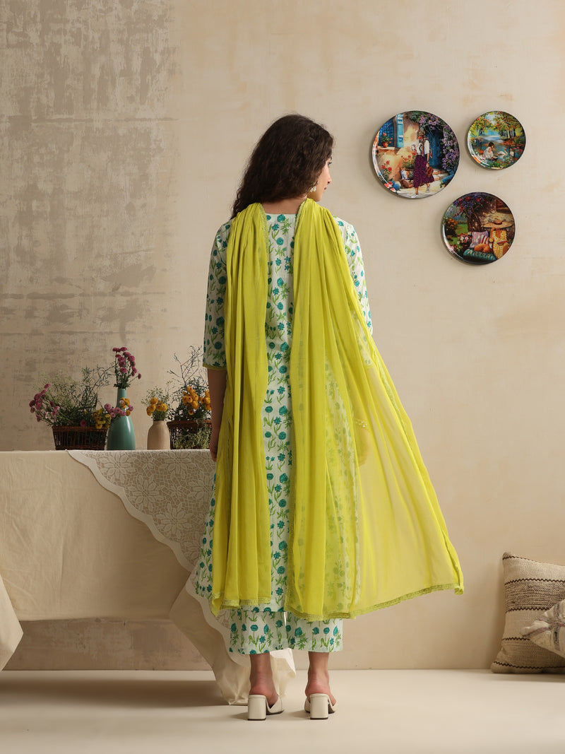 Khushal K Women Floral Printed Regular Pure White Cotton Kurta & Palazzo With Dupatta
