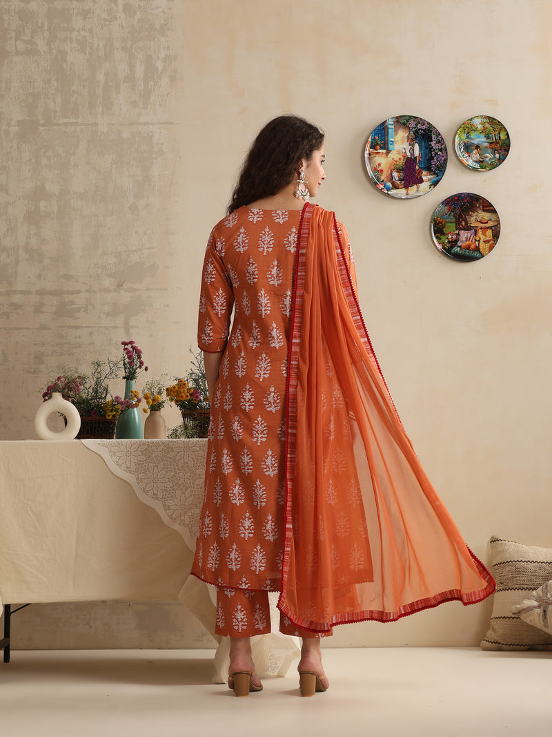 Khushal K Women Floral Printed Regular Pure Cotton Pink Kurta & Palazzo With Dupatta