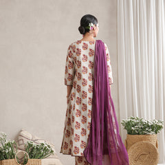 Floral Printed V-Neck Pure Cotton A-Line Kurta with Trousers And Dupatta