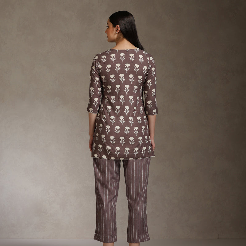 Floral Printed V-Neck Cotton Co-Ord Set - Brown - Khushal K - Image 6