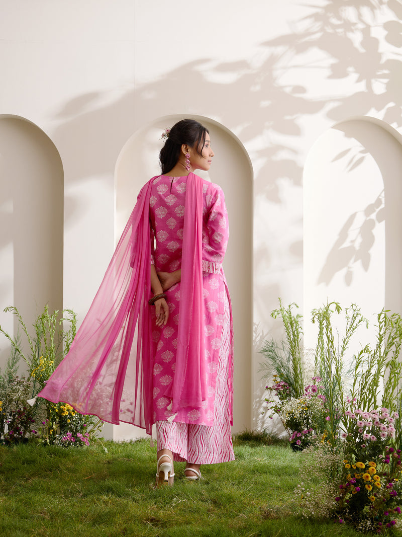 Khushal K Women Cotton Kurta And Palazzo With Dupatta Set - Pink